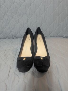 kate spade Black Suede Fringe Heels with Gold Stud